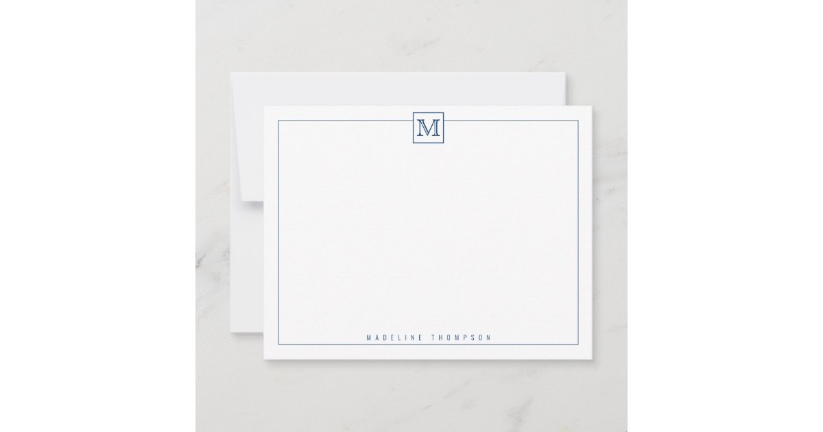 Modern Initial Monogram Square Border Navy Blue Note Card | Zazzle