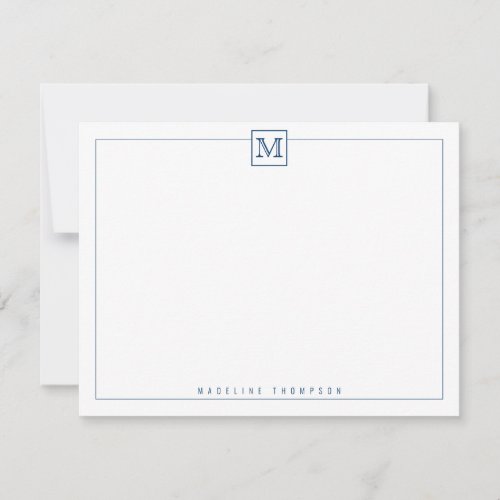 Modern Initial Monogram Square Border Navy Blue Note Card