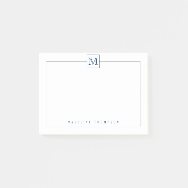 Modern Initial Monogram Square Border Navy Blue Post-it Notes (Front)