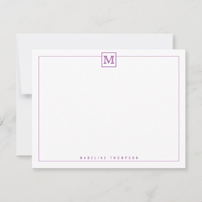 Modern Initial Monogram Square Border Purple Note Card (Front)