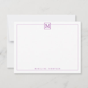 Modern Initial Monogram Square Border Purple Note Card