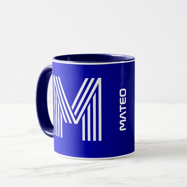 Modern Initial & Name | Unique Blue Black Monogram Mug (Front Left)
