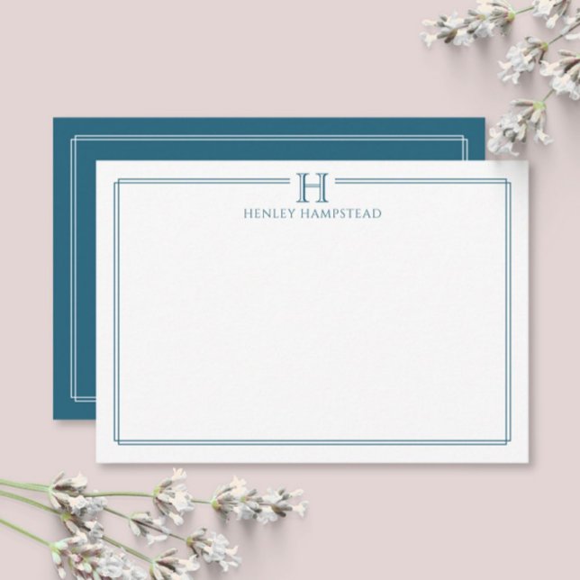 Modern Initial Patina Blue Border Stationery Note Card (Creator Uploaded)