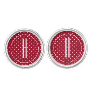 Modern Initial, Red White Dotted Swiss SS Plated Cufflinks