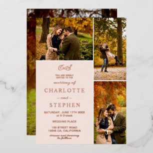 Modern initials 4 photos grid wedding blush pink foil invitation