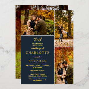 Modern initials 4 photos grid wedding navy gold foil invitation