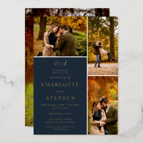 Modern initials 4 photos grid wedding navy gold foil invitation