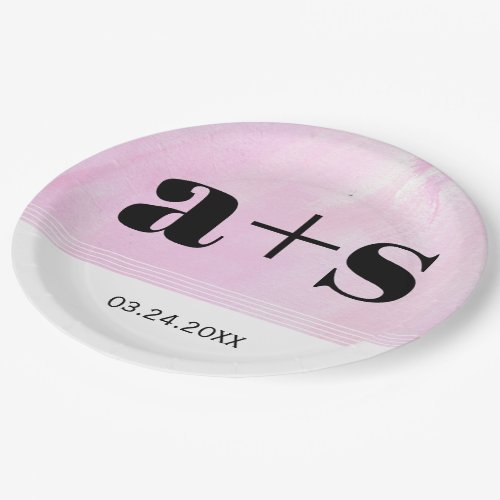 Modern initials and pink watercolor brush strokes paper plates
