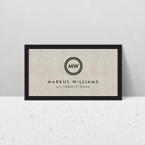 Modern Initials Black and Linen Graduate Student Calling Card