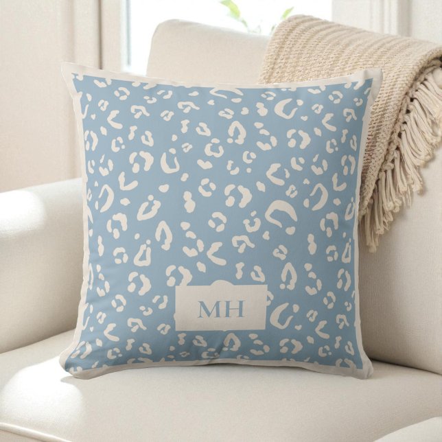 Modern  Initials Blue Leopard Spots Print Monogram Throw Pillow (Modern Initials Blue Leopard Spots Print Monogram Throw Pillow)