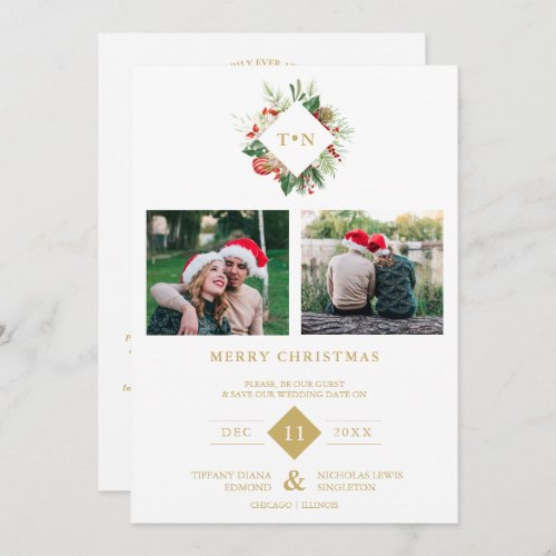 Modern Initials Floral Christmas Wreath 2 Photos  Save The Date