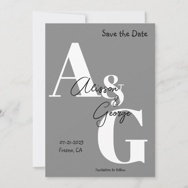 Modern Initials Grey Photo Save The Date (Front)