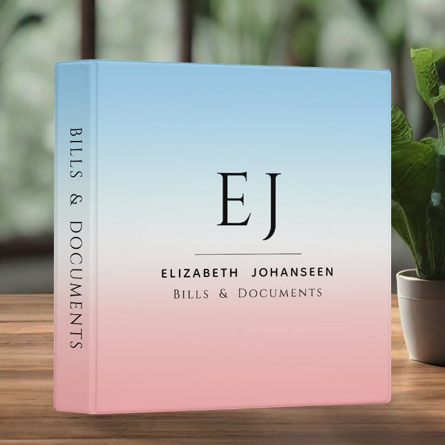 Modern Initials Monogram Blue Pink White Gradient  3 Ring Binder (Creator Uploaded)