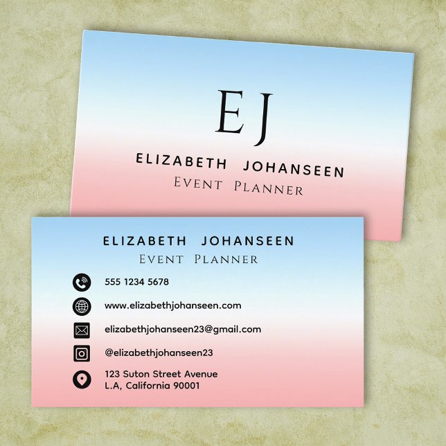 Modern Initials Monogram Blue Pink White Gradient  Business Card (Creator Uploaded)