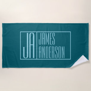 Modern Initials & Name Dark Teal & Light Blue Beach Towel