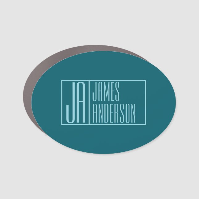 Modern Initials & Name | Dark Teal & Light Blue Car Magnet (Front)