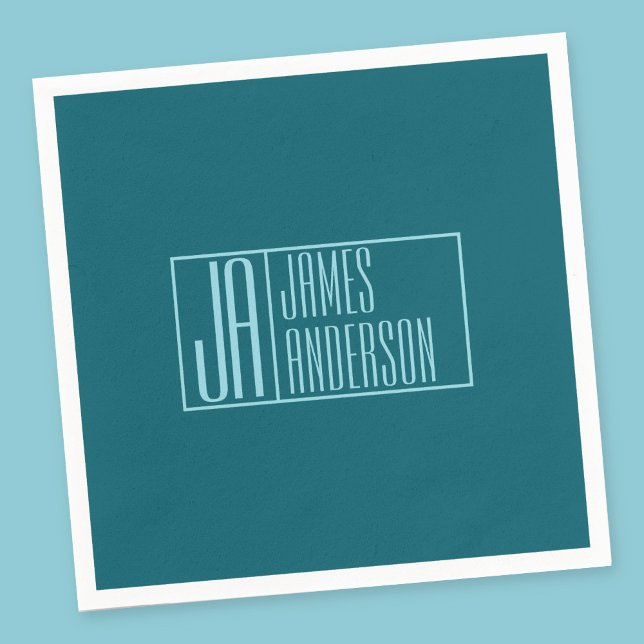 Modern Initials & Name | Dark Teal & Light Blue Napkins (Creator Uploaded)