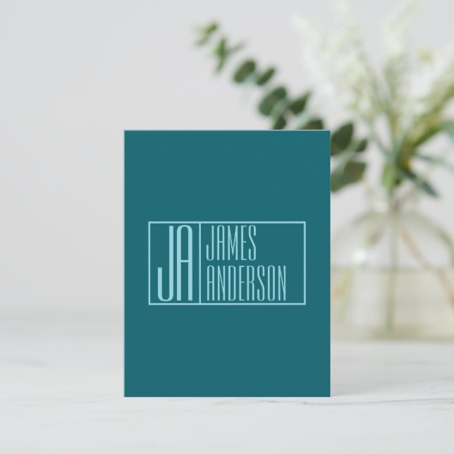 Modern Initials & Name | Dark Teal & Light Blue Note Card (Standing Front)