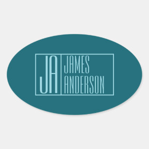 Modern Initials & Name Dark Teal & Light Blue Oval Sticker