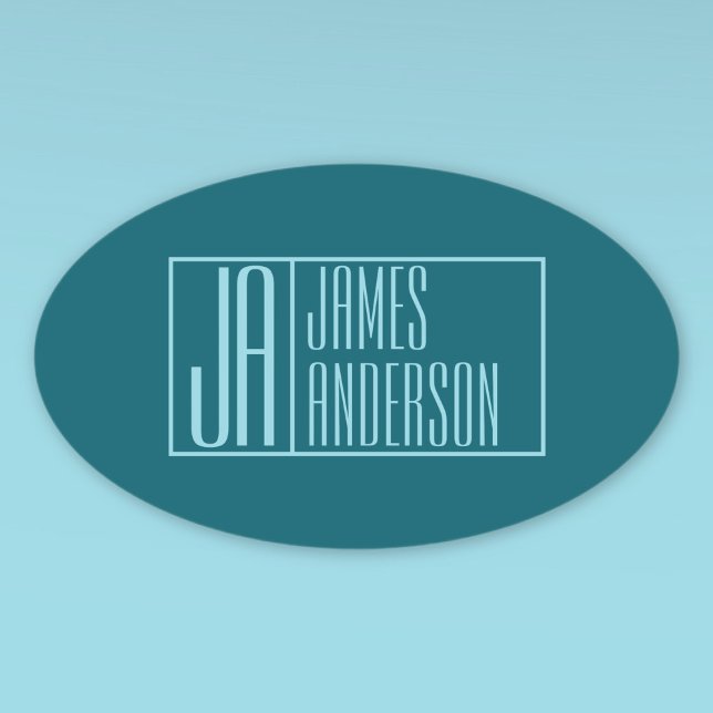 Modern Initials & Name | Dark Teal & Light Blue Oval Sticker (Creator Uploaded)