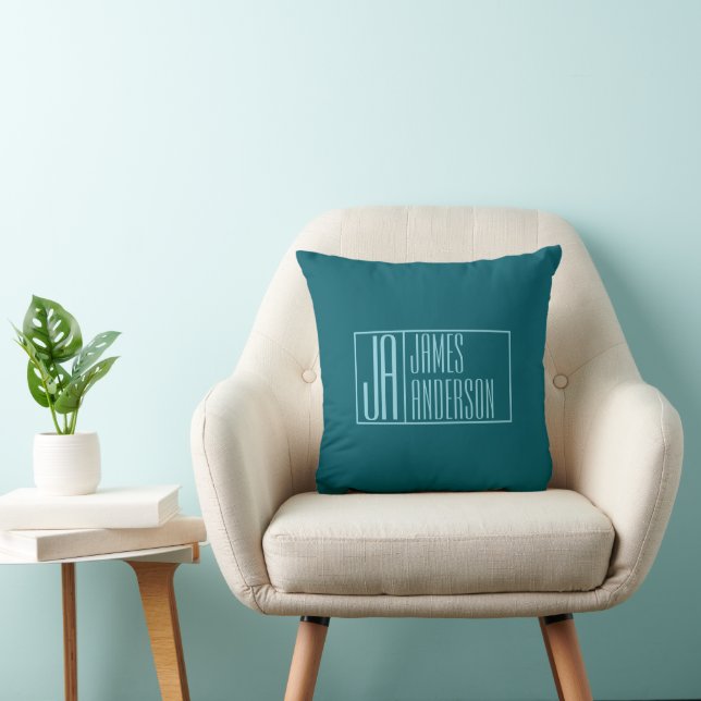 Modern Initials & Name | Dark Teal & Light Blue Throw Pillow (Chair)
