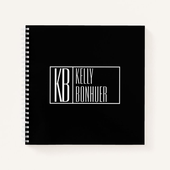 Modern Initials & Name Logo | Black & White Notebook (Front)
