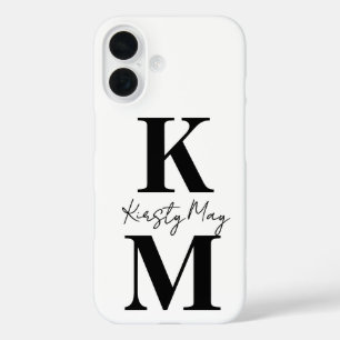 Modern Initials Name White Black Personalize iPhone 16 Case