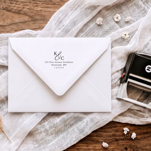 Modern Initials Wedding Envelope Return Address Self-inking Stamp (Modern elegant wedding return address stamp with initials and calligraphy ampersand)