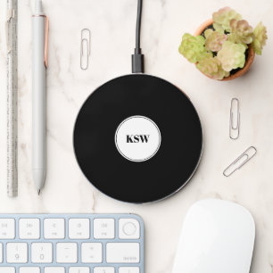 Modern initials white and black circular monogram wireless charger