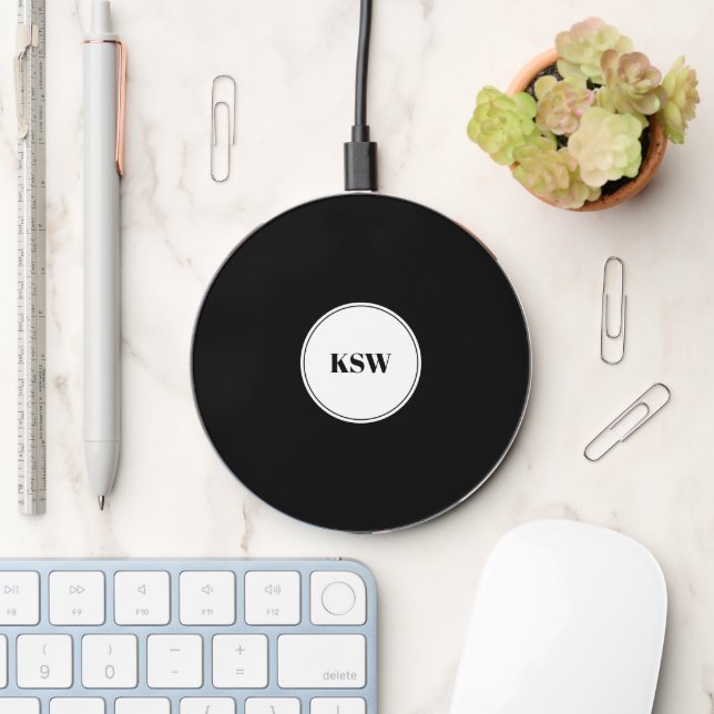 Modern initials white and black circular monogram wireless charger  (Desk)