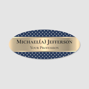 Modern Ink Dark Blue with Gold and White Polka Dot Name Tag