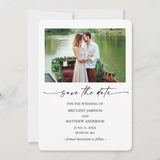 Modern Ink Pen Script Couple Photo Minimalist Save The Date (Front)