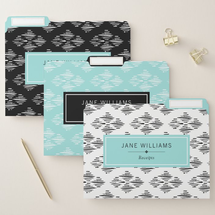 Modern Ink Strokes Black White Turquoise File Folder