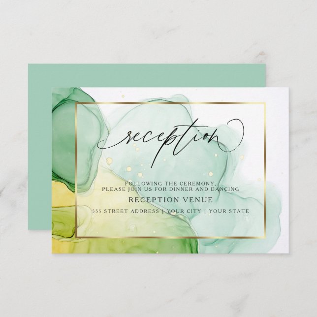 Modern Ink Vibrant Greens and Golds Reception Invitation (Front/Back)