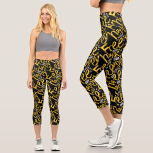 Modern Inspiration Black Yellow Brush Paint Typo Capri Leggings