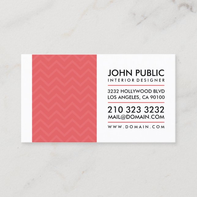 Modern Interior Designer Red Chevron Pattern Business Card (Front)