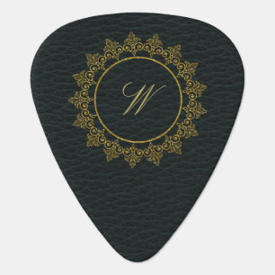 Modern Intricate Monogram on Dark Leather Guitar Pick