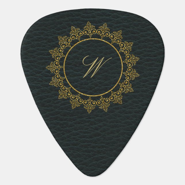 Modern Intricate Monogram on Dark Leather Guitar Pick (Front)