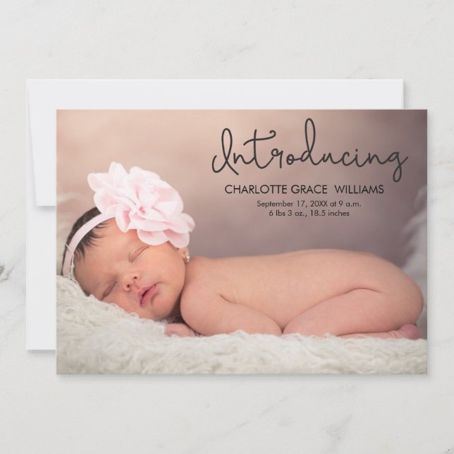 Modern introducing Baby Girl Photo Birth Announcement (Front)