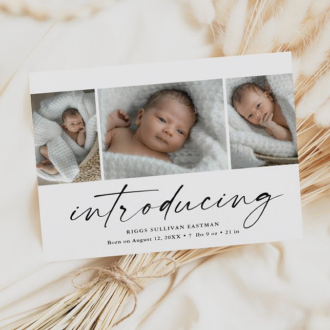 Modern Introducing Baby Photo Collage Thank You Card (Modern script introducing 3 photo collage baby birth announcement thank you card.)