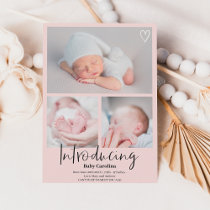 Modern introducing black pink 3 photos baby birth announcement