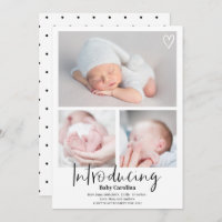 Modern introducing black white 3 photos baby birth announcement