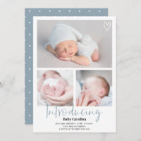 Modern introducing dusty blue 3 photos baby birth announcement