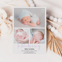 Modern introducing lavender 3 photos baby birth announcement