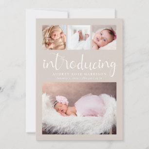 Modern Introducing Photo Collage Beige Birth Announcement