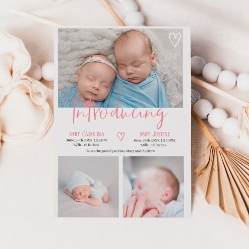 Modern introducing pink 3 photo baby twins birth announcement