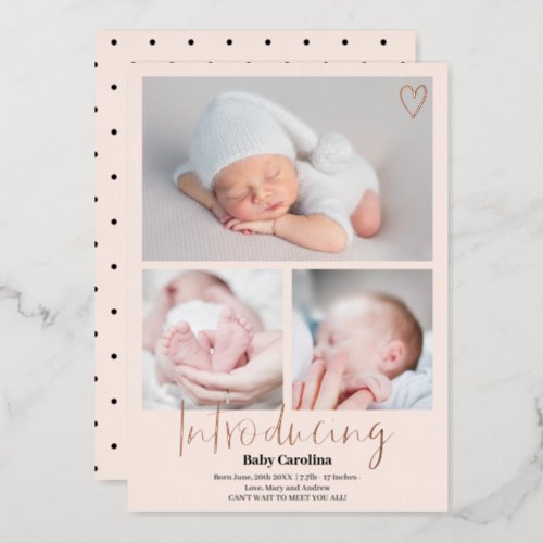 Modern introducing rose pink 3 photos baby birth foil invitation