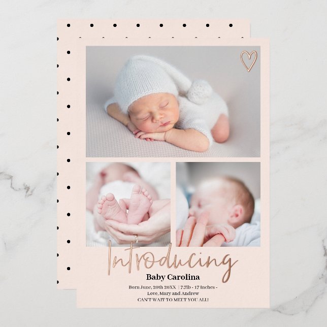 Modern introducing rose pink 3 photos baby birth foil invitation (Front/Back)