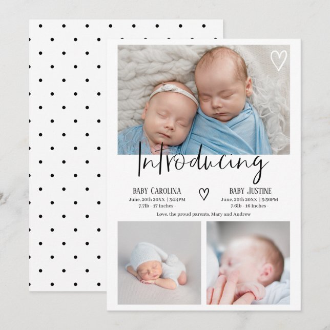 Modern introducing script 3 photo baby twins birth announcement (Front/Back)