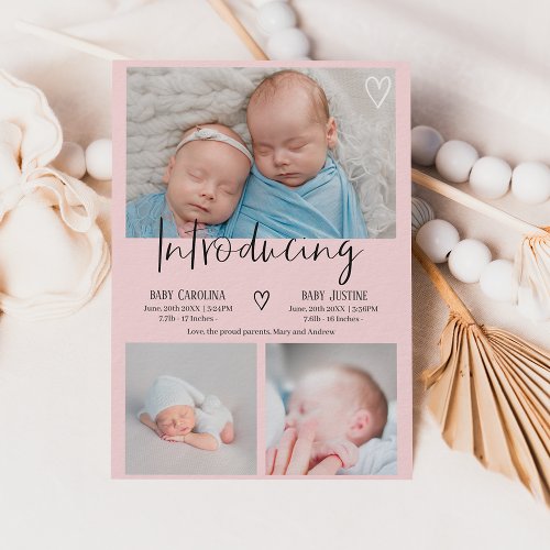 Modern introducing script 3 photo baby twins birth announcement